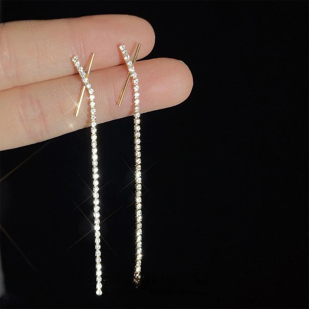 Light Luxury 14K Gold Plated Copper Glass Rhinestone Geometric Tassel Drop Earrings