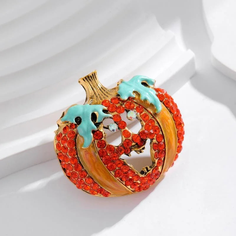 Cute Halloween Pumpkin Jack O Lantern Enamel Rhinestone Brooch, Alloy Lapel Pin Corsage Gift