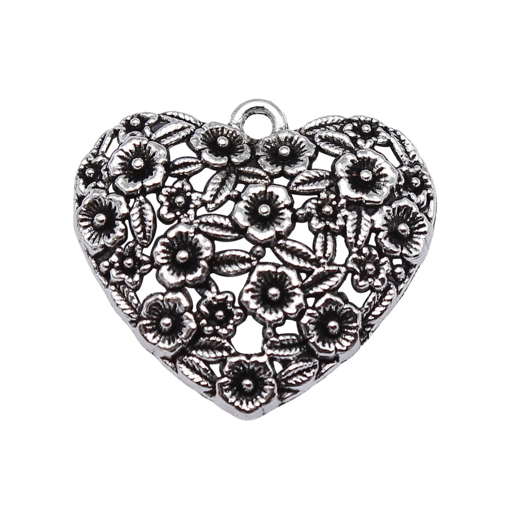 24x26mm 2.1g Antique Silver Zinc Alloy Flower Heart Charm Pendant for DIY Necklace Bracelet Making