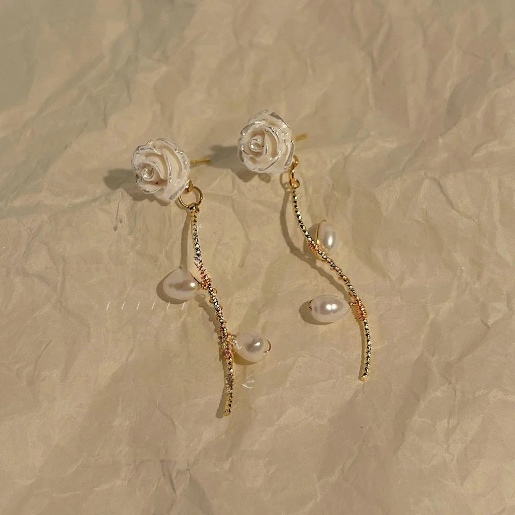 Sweet Floral Freshwater Pearl 14K Plated Copper Tassel Stud Earrings For Women