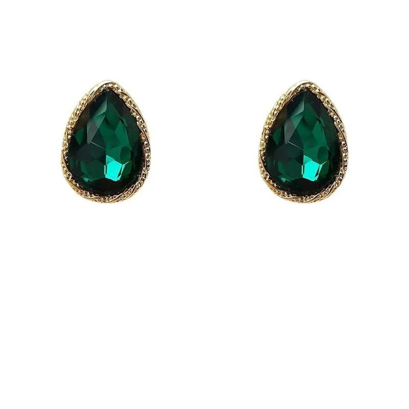 Vintage Luxury Emerald Green Glass Crystal Teardrop Stud Earrings For Women
