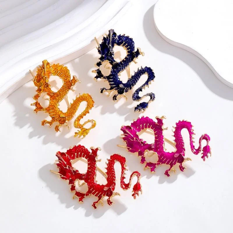 Luxury Orange Enamel Dragon Brooch, Alloy Zodiac Dragon Lapel Pin Corsage Suit Accessory Gift