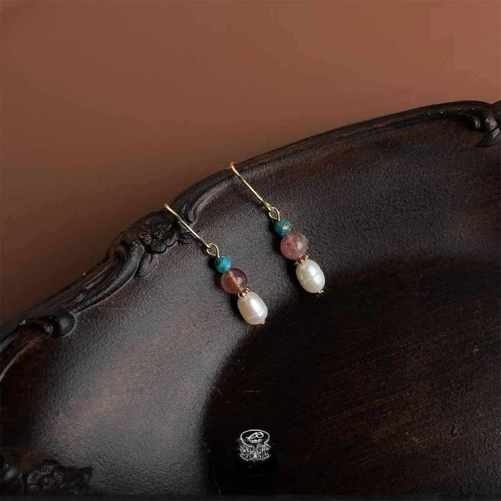 Handmade Freshwater Pearl Strawberry Quartz Drop Earrings Light Luxury Geometric Round Design