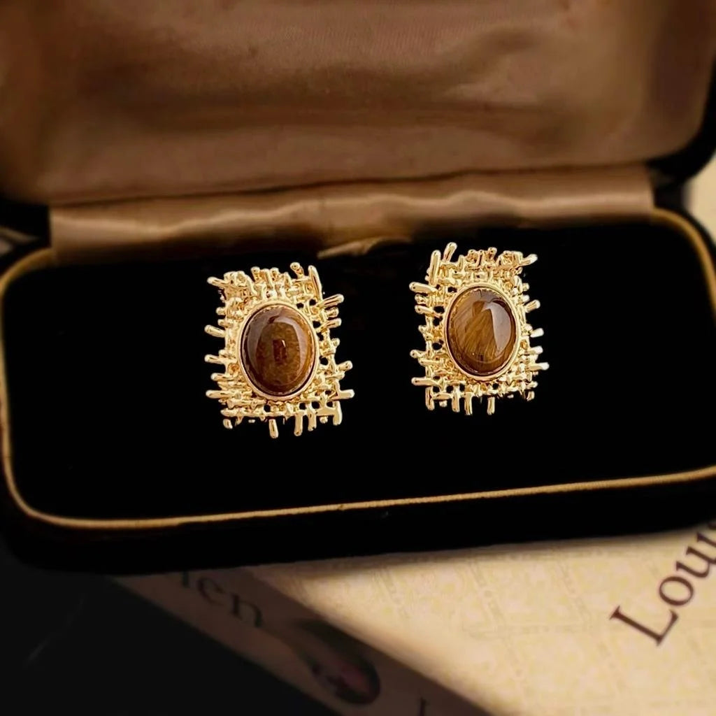Maillard Style Tiger Eye Natural Stone Geometric Oval Mesh Drop Earrings For Women