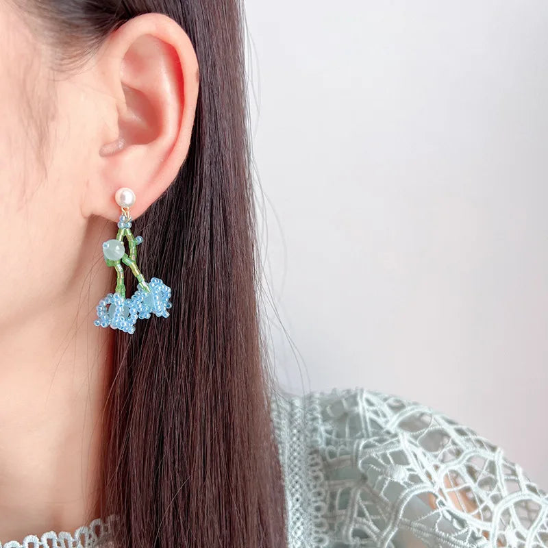 Elegant Blue Lily Of The Valley Beaded Pearl Stud & Clip On No Piercing Handmade Flower Drop Earrings
