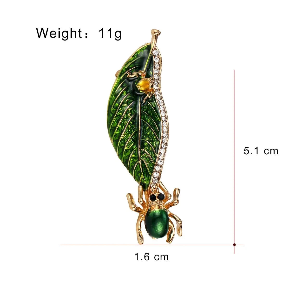 Elegant Green Enamel Leaf And Spider Brooch With Rhinestones, Gold Tone Alloy Lapel Pin Gift