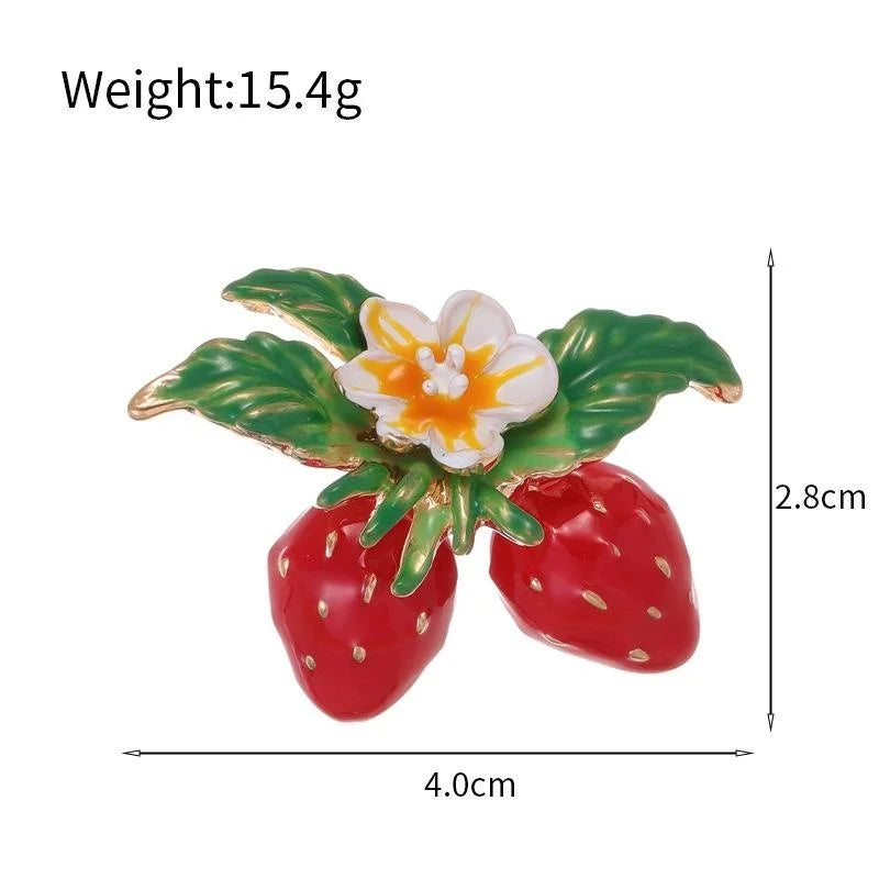 Cute Enamel Strawberry Flower Brooch With Gold Tone Alloy Leaves, Fruit Lapel Pin For Cardigan Gift