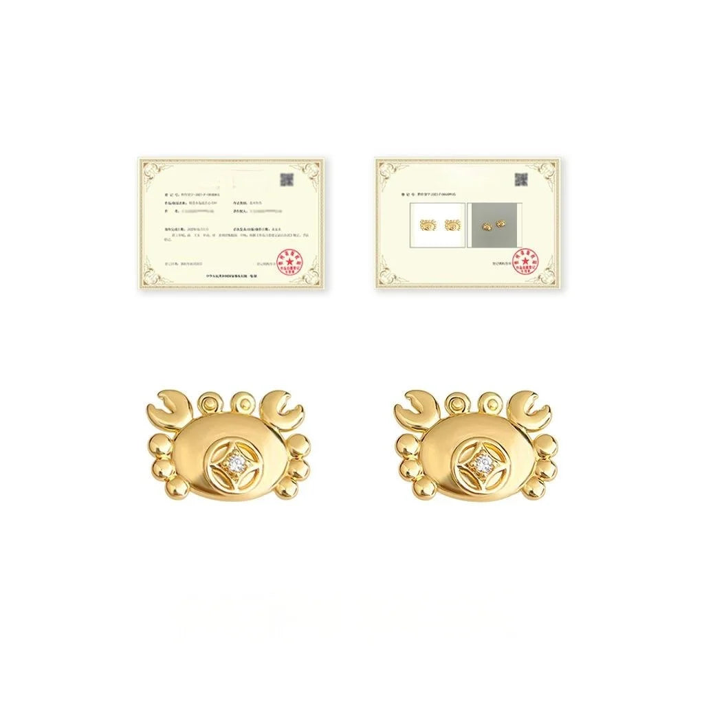 14K Gold Plated Copper Crab Stud Earrings With Micro Pave Zircon, Premium Minimalist Style