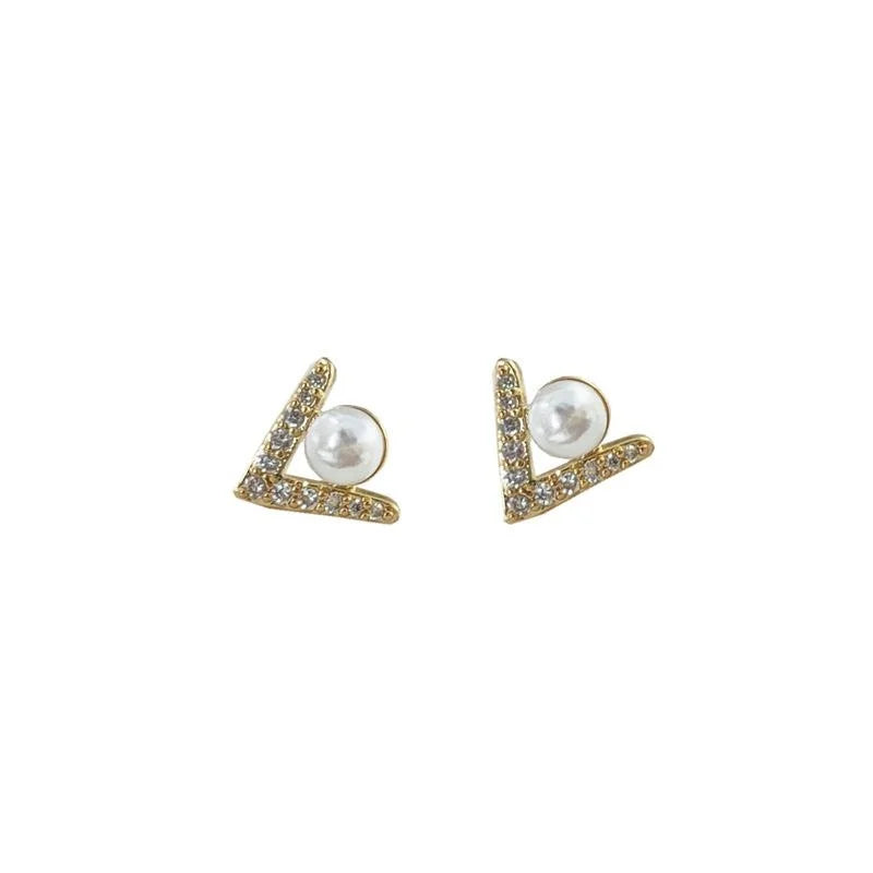 14K Gold Plated Copper Irregular Triangle Micro Pave Zircon Pearl Stud Earrings Korean Style