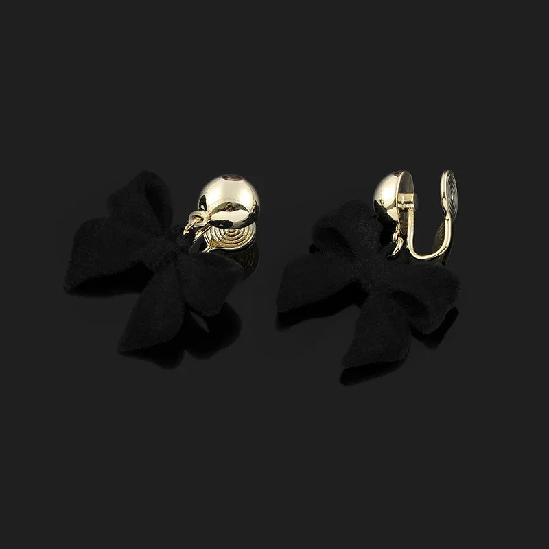 Vintage Black Velvet Bow Alloy Gold Ball Drop Stud & Clip On No Piercing Women's Fashion Earrings