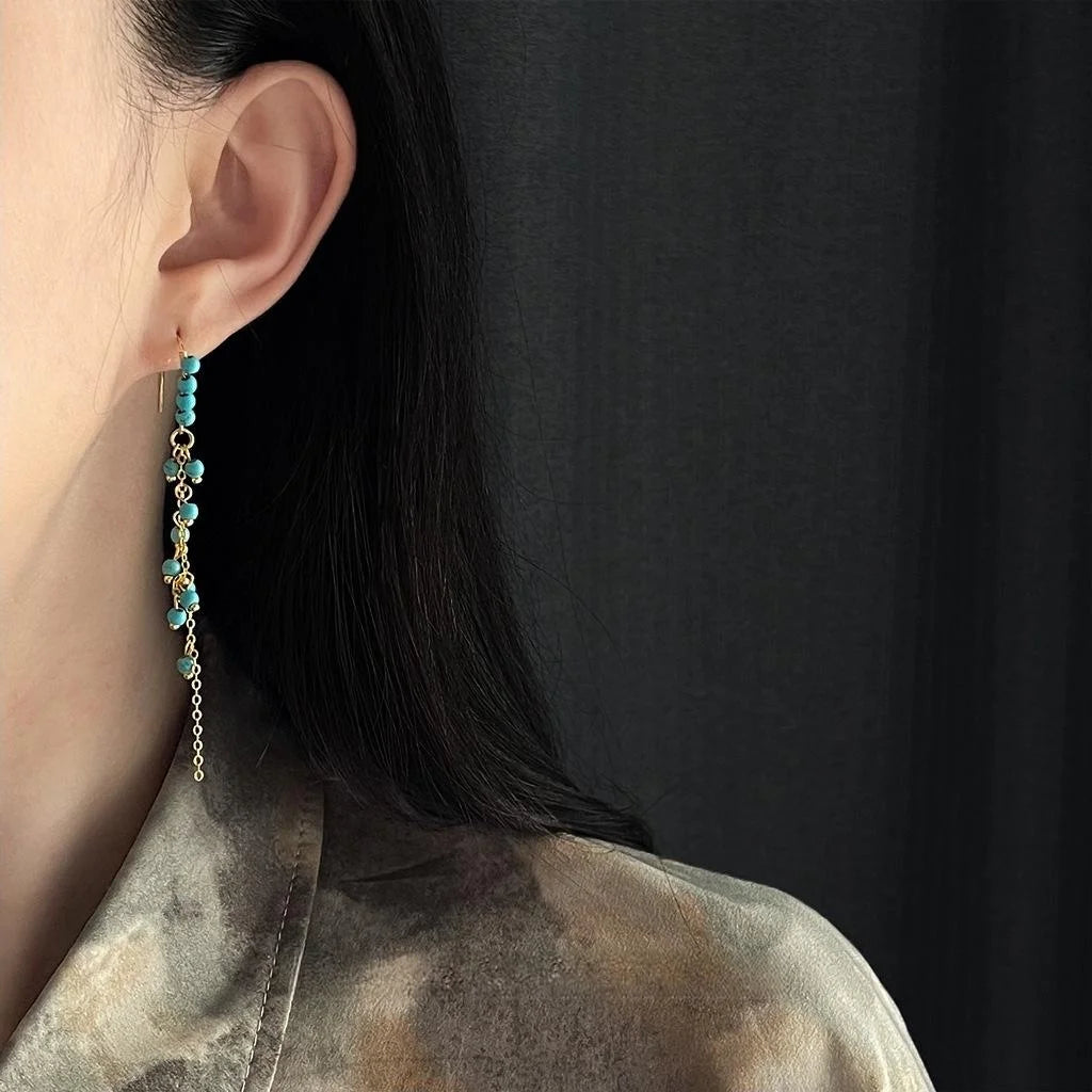 Original Design Long Tassel Drop Earrings Copper Faux Turquoise Ethnic Vintage Geometric Jewelry
