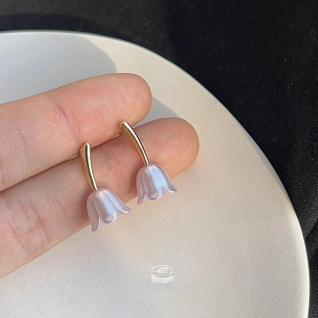 14K Plated Copper Purple Tulip Stud Earrings Sweet Korean Floral Style