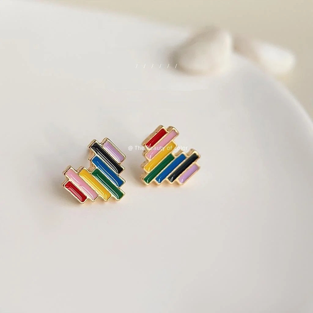 14K Gold Plated Copper Rainbow Heart Stud Earrings Sweet Mini Enamel Spring Jewelry