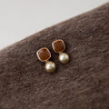 Mocha Brown Enamel Glazed Copper Geometric Pearl Drop Earrings, Maillard Style