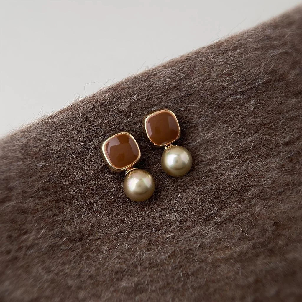 Mocha Brown Enamel Glazed Copper Geometric Pearl Drop Earrings, Maillard Style