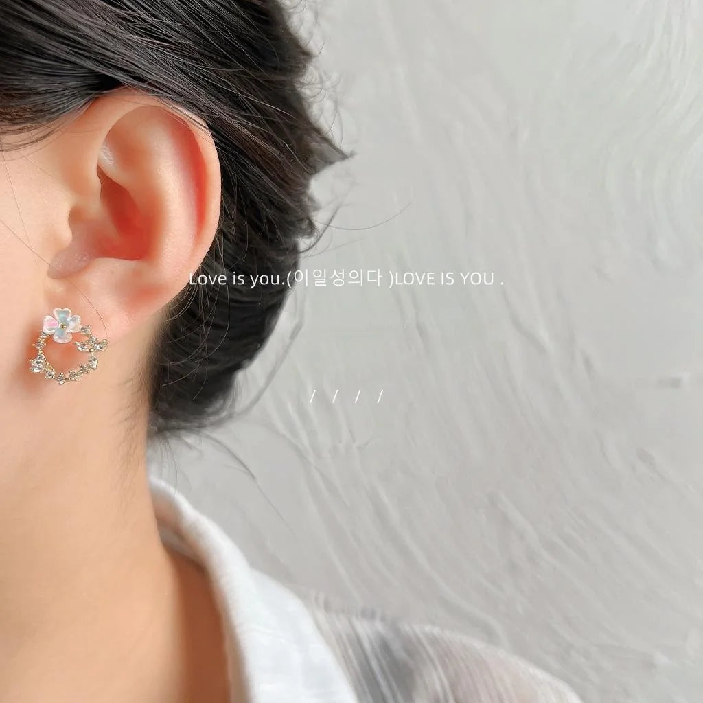 Sweet Floral Micro Pave Zircon Copper Stud Earrings, Colorful Flower Wreath Design