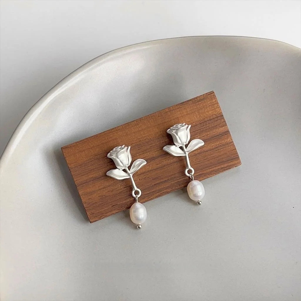 Handmade Rose Flower Stud Earrings With Freshwater Pearl, Matte Silver Plated Copper Luxury Jewelry