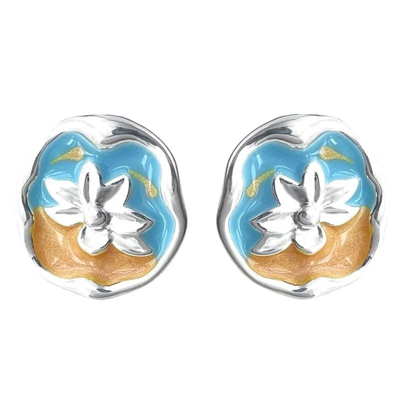 Vintage French Enamel Lotus Flower Copper Stud Earrings Irregular Geometric Jewelry