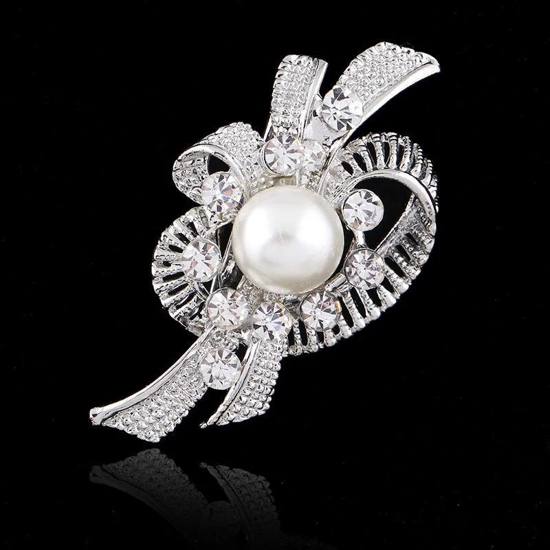 Elegant Pearl And Rhinestone Swirl Flower Brooch, Silver Alloy Wedding Corsage Lapel Pin Gift