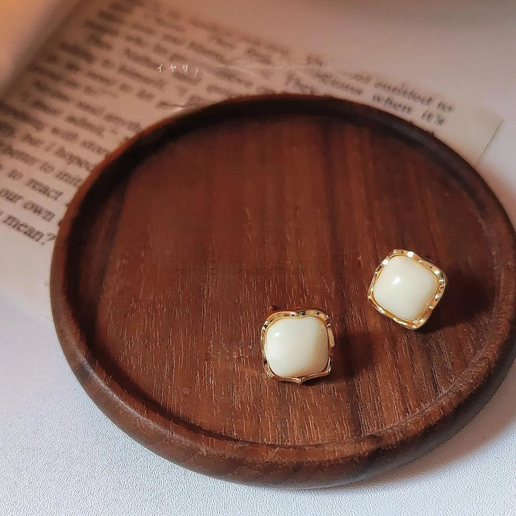 Caramel Milk White 14K Plated Copper Square Stud Earrings For Women Minimalist Sweet Jewelry