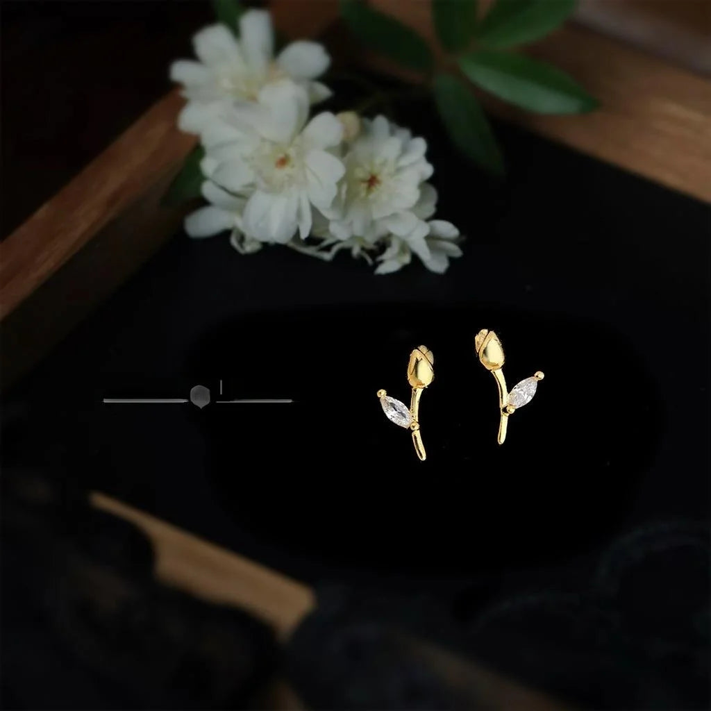 14K Gold Plated Copper Tulip Zircon Stud Earrings Minimalist Floral Style Jewelry