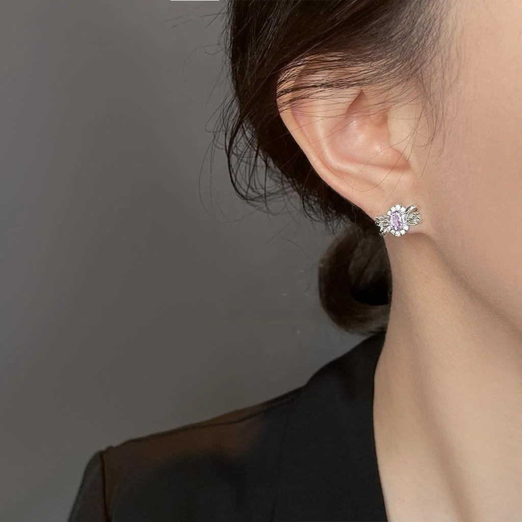 Light Luxury Purple Zircon Hollow 3D Bow Geometric Copper Stud Earrings