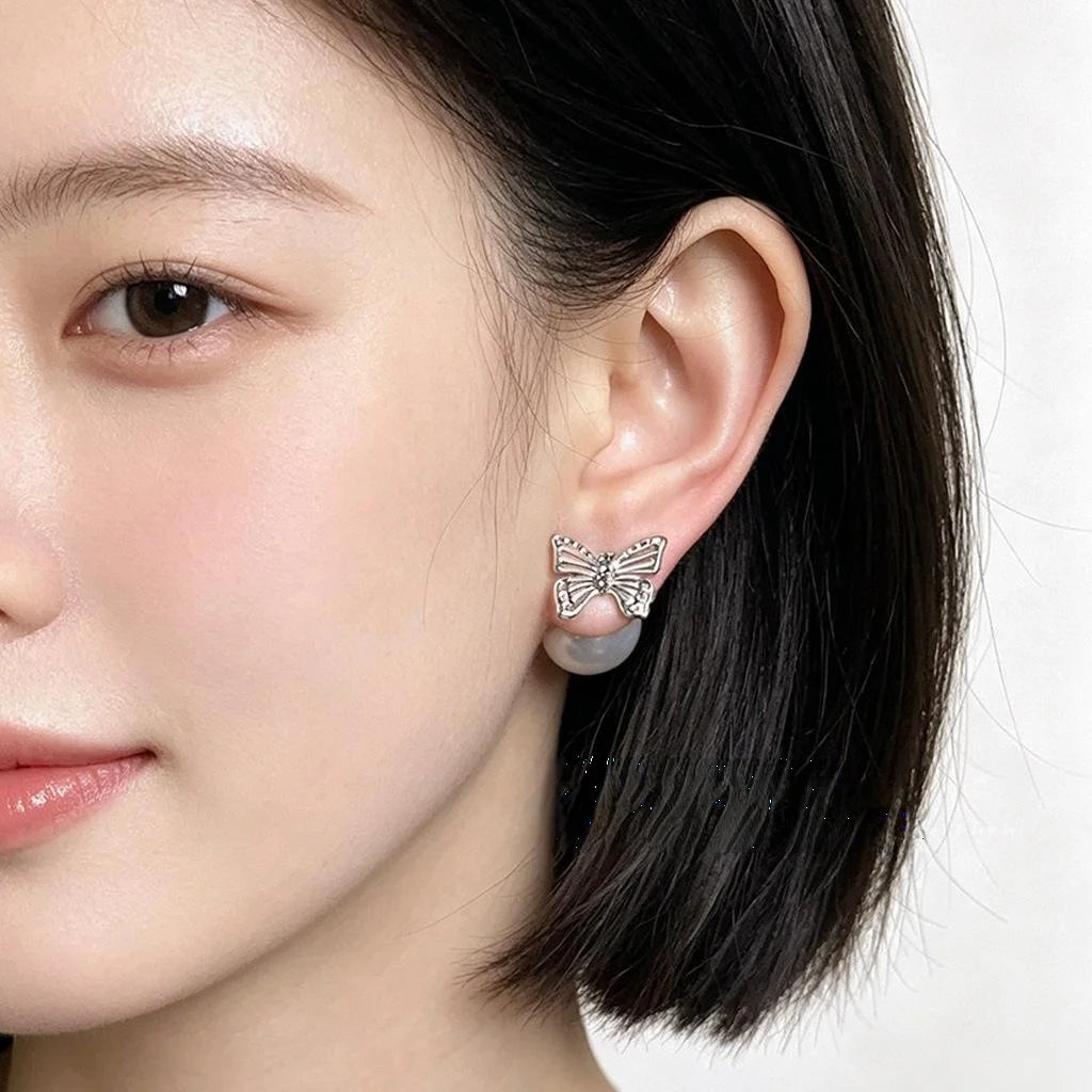 Two-Way Butterfly Stud Earrings Copper Hollow Lightweight Pearl Elegant Commuter Jewelry