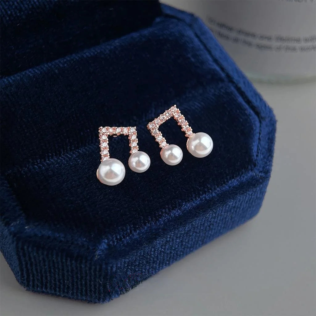 Light Luxury Geometric Music Note Micro Pave Zircon Eco Copper Stud Earrings With Silver Plated Pins