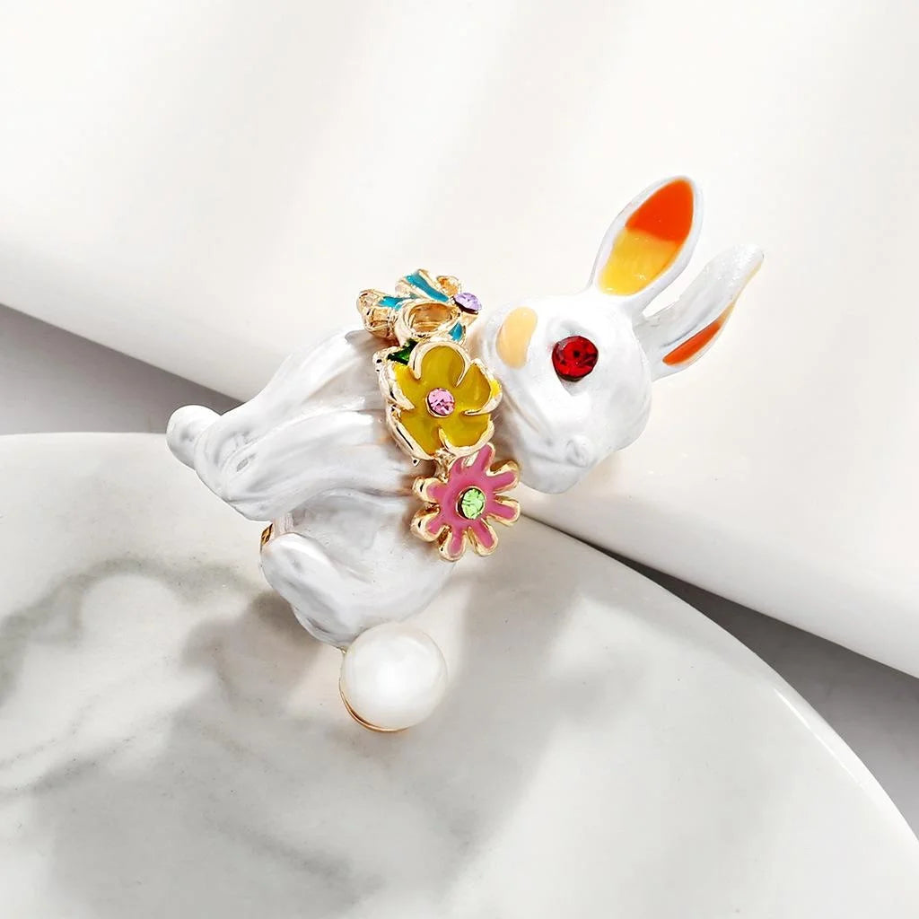Cute Enamel Rabbit Brooch With Rhinestone Eyes, Alloy Flower Corsage Lapel Pin For Suit Accessory Gift