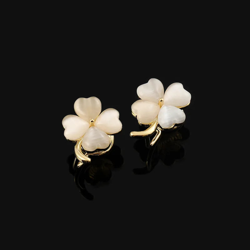 Elegant Cat Eye Stone Four Leaf Clover Alloy Stud & Clip On No Piercing Lucky Flower Earrings