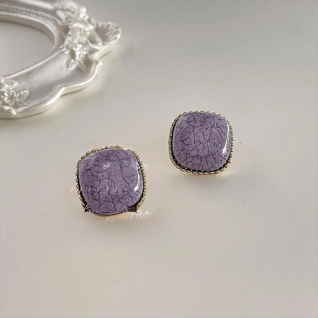 Taro Purple Square Alloy Stud Earrings French Vintage Crackle Geometric Palace Style Jewelry