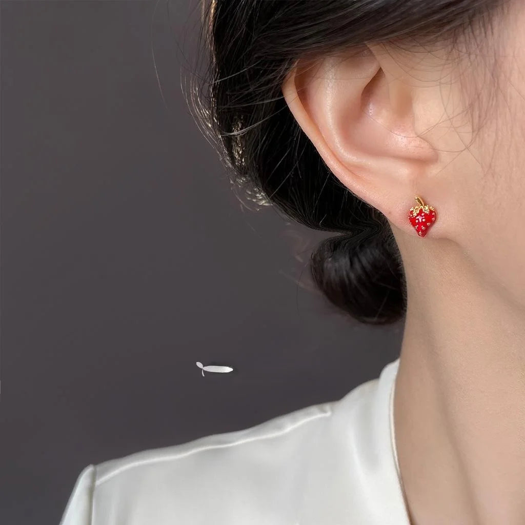 Sweet Pastoral Strawberry Stud Earrings Copper Enamel Zircon Fruit Jewelry