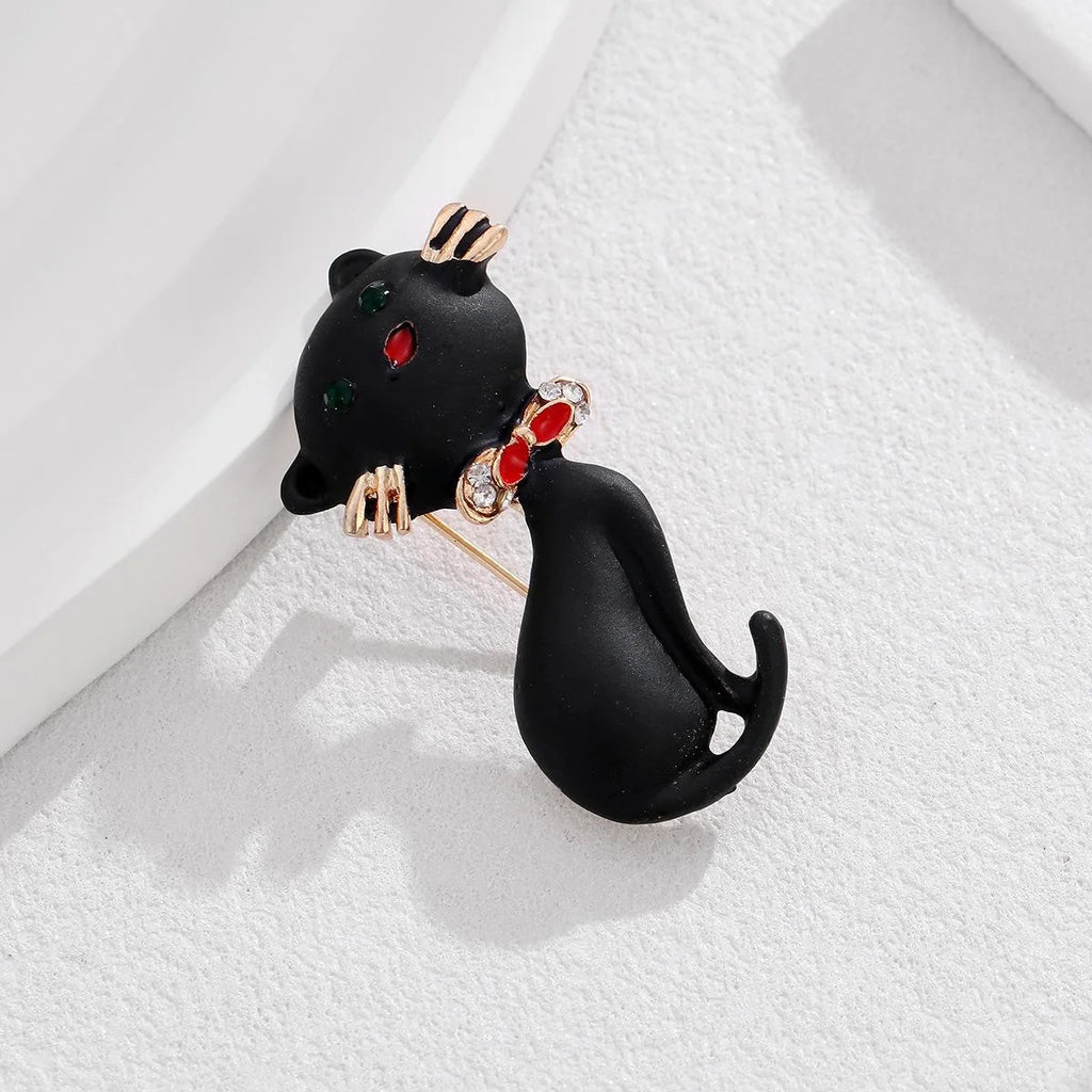 Cute Black Cat Enamel Brooch With Rhinestone Collar, Elegant Alloy Lapel Pin Corsage Gift For Women