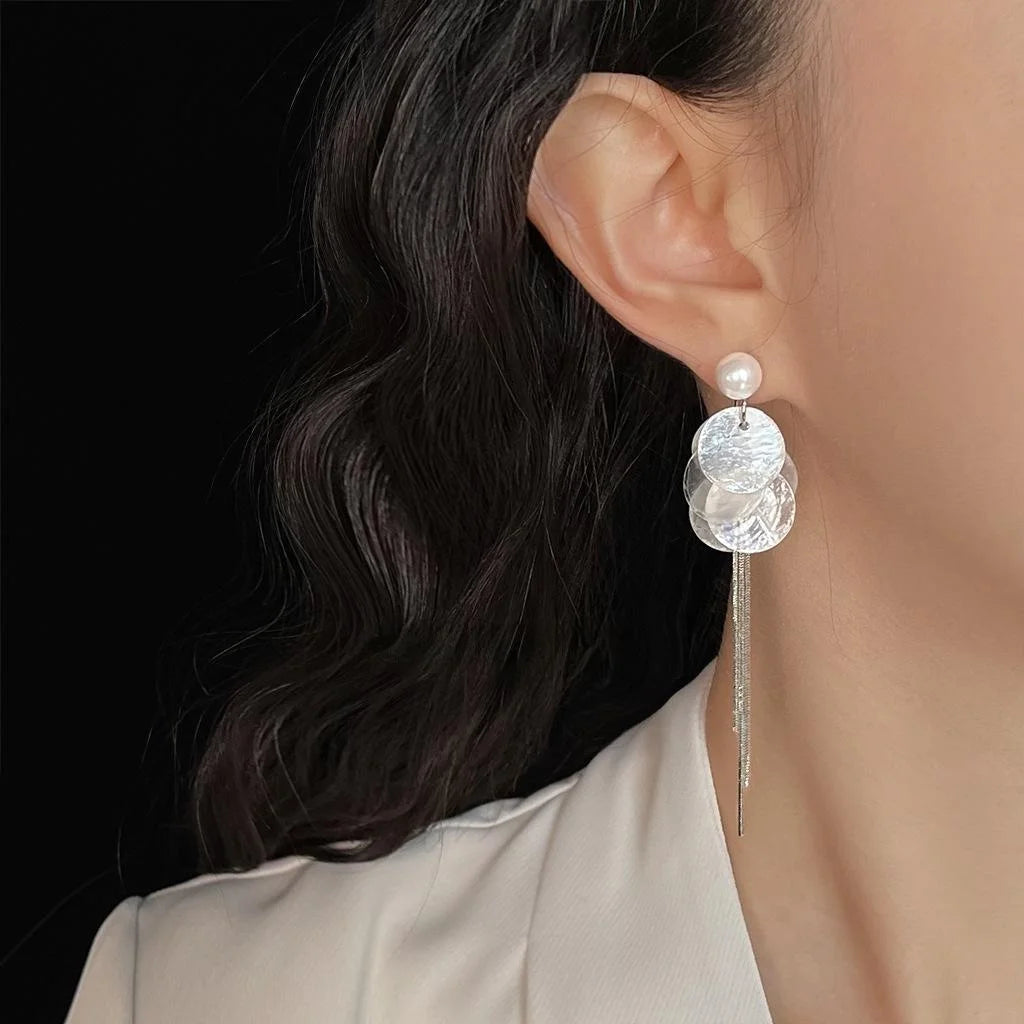 Natural Shell Long Tassel Drop Earrings, Geometric Round Designer Vacation Style Jewelry