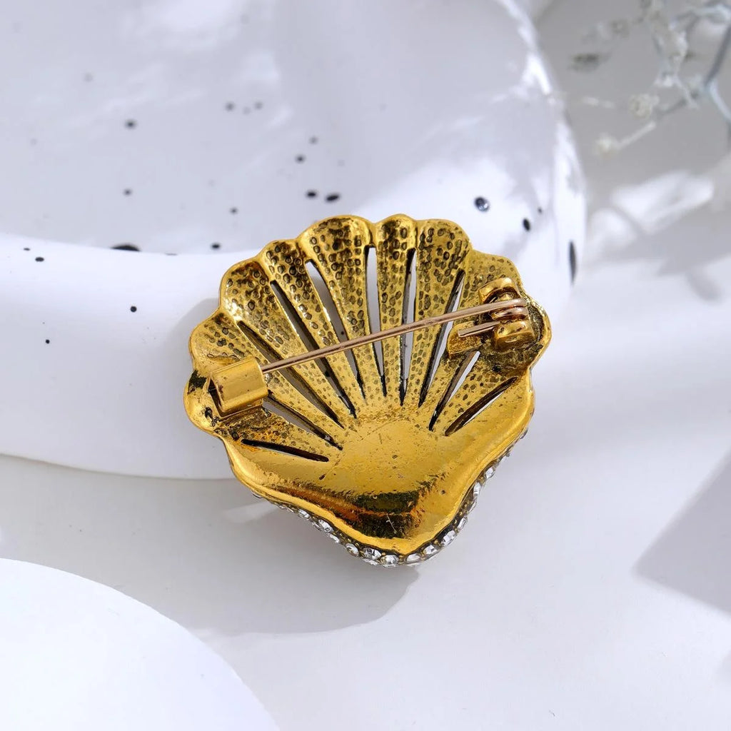 Vintage Rhinestone Shell Brooch With Faux Pearl, Elegant Gold Tone Lapel Pin Suit Accessory Gift