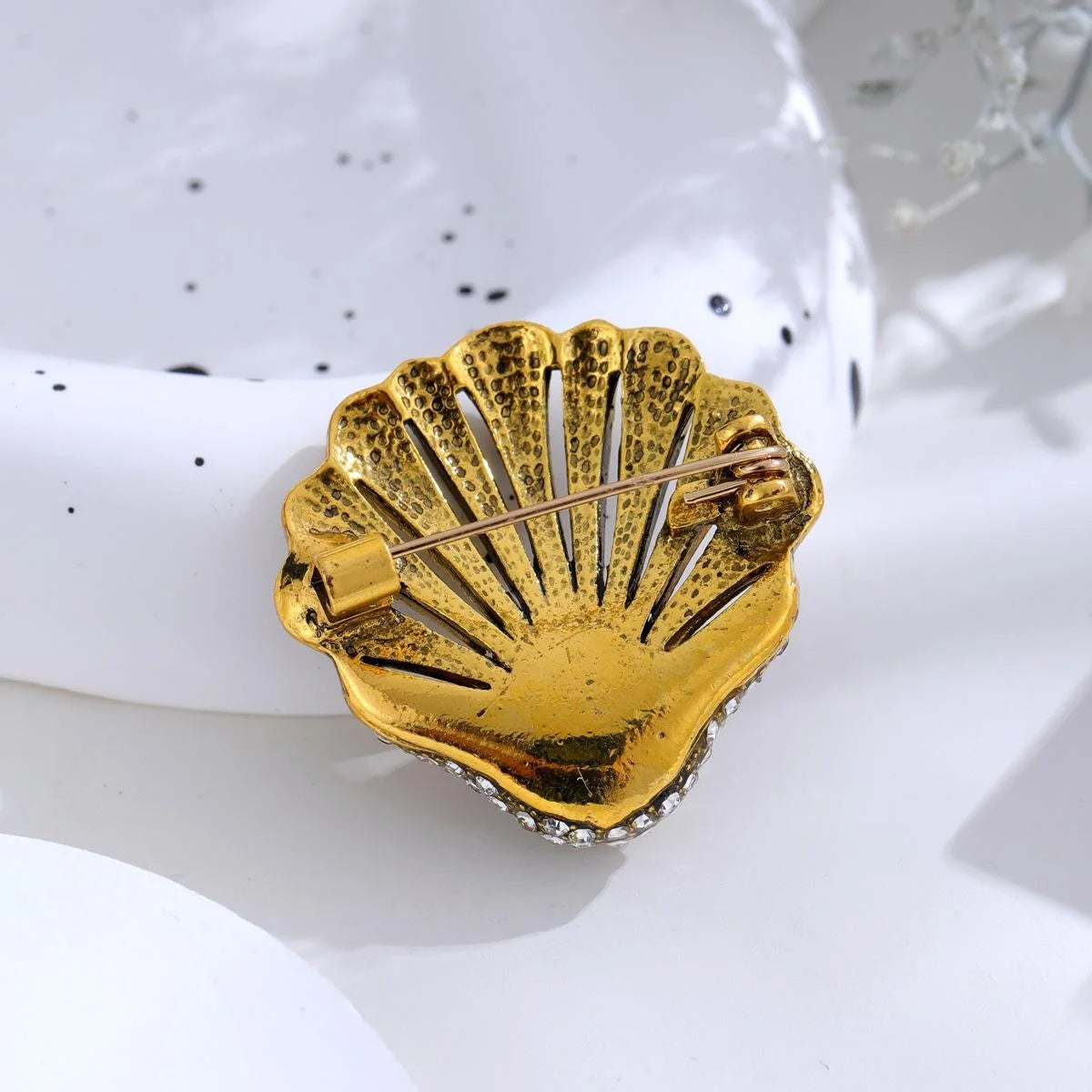 Vintage Rhinestone Shell Brooch With Faux Pearl, Elegant Gold Tone Lapel Pin Suit Accessory Gift