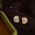 Designer Copper Micro Pave Zircon Ruffle Pearl Stud Earrings Light Luxury Asymmetric Geometric Style