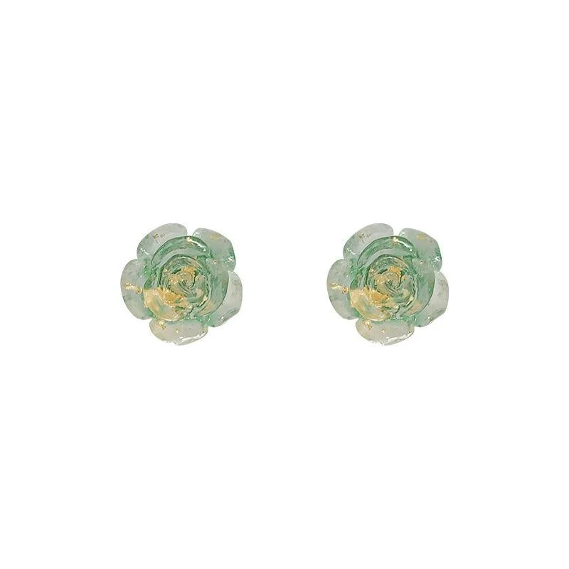 Lolita Style Green Flower Resin Stud Earrings With Silver Plated Pins