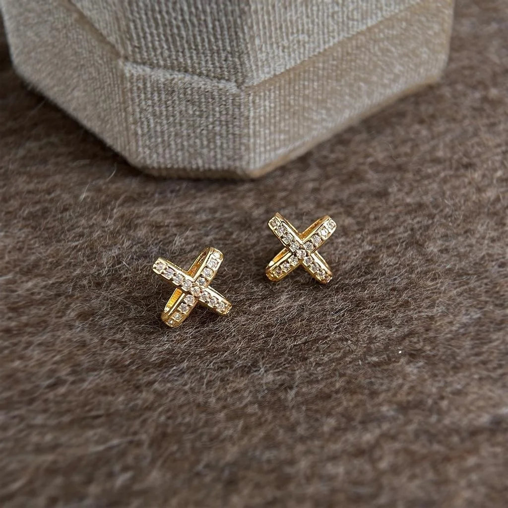 Copper Zircon Double Layer Cross Stud Earrings, Minimalist French Geometric Korean Style