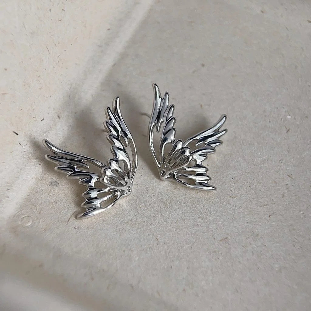 Silver Tone Copper Hollow Elf Wing Butterfly Stud Earrings, Cool Minimalist Fashion Jewelry