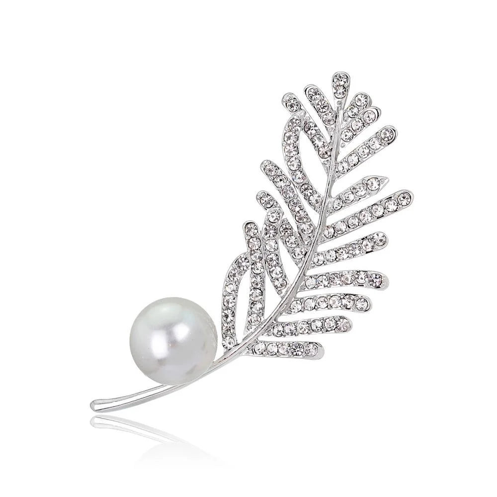Elegant Pearl Rhinestone Leaf Brooch For Women, Copper Alloy Zircon Lapel Pin Corsage Suit Accessory Gift