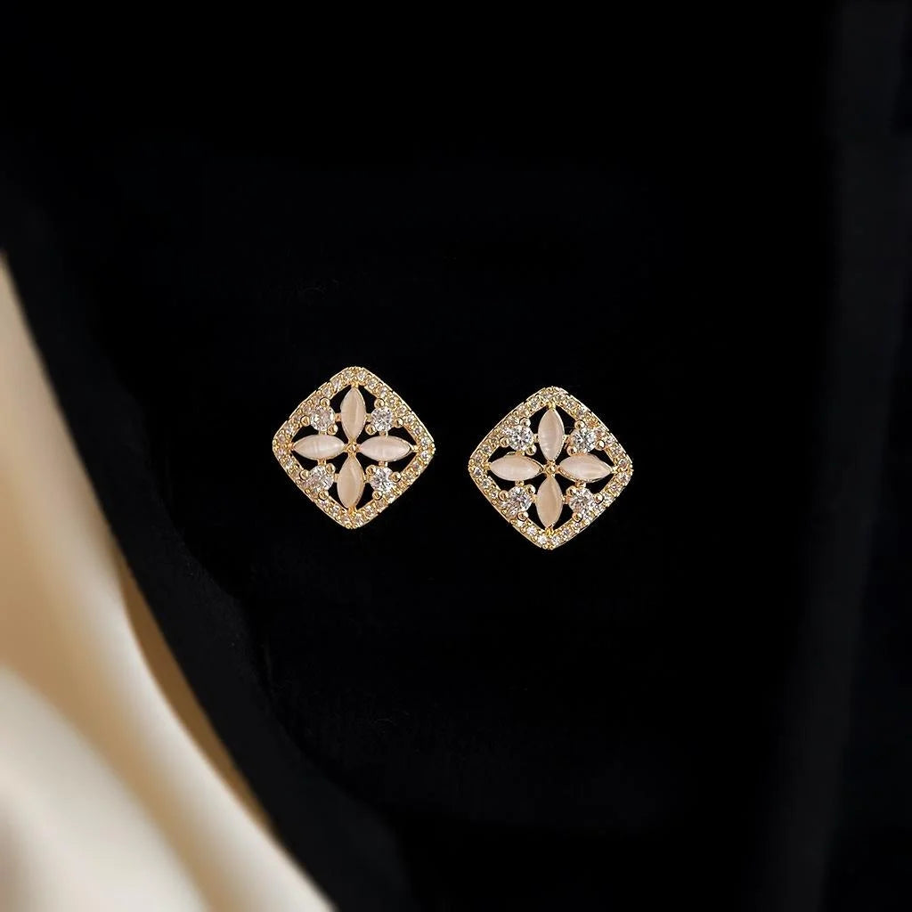 Fresh Sweet Geometric Square Flower Stud Earrings With Zircon And Glass Cat Eye Stones