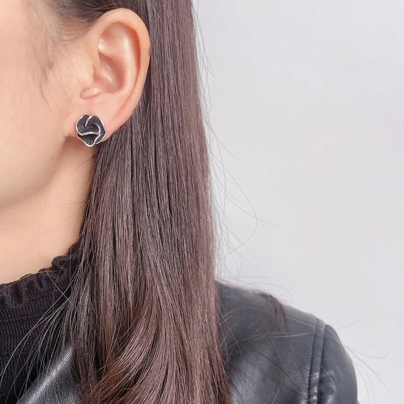 Elegant Black Camellia Flower Enamel Alloy Stud & Clip On No Piercing Minimalist Floral Earrings
