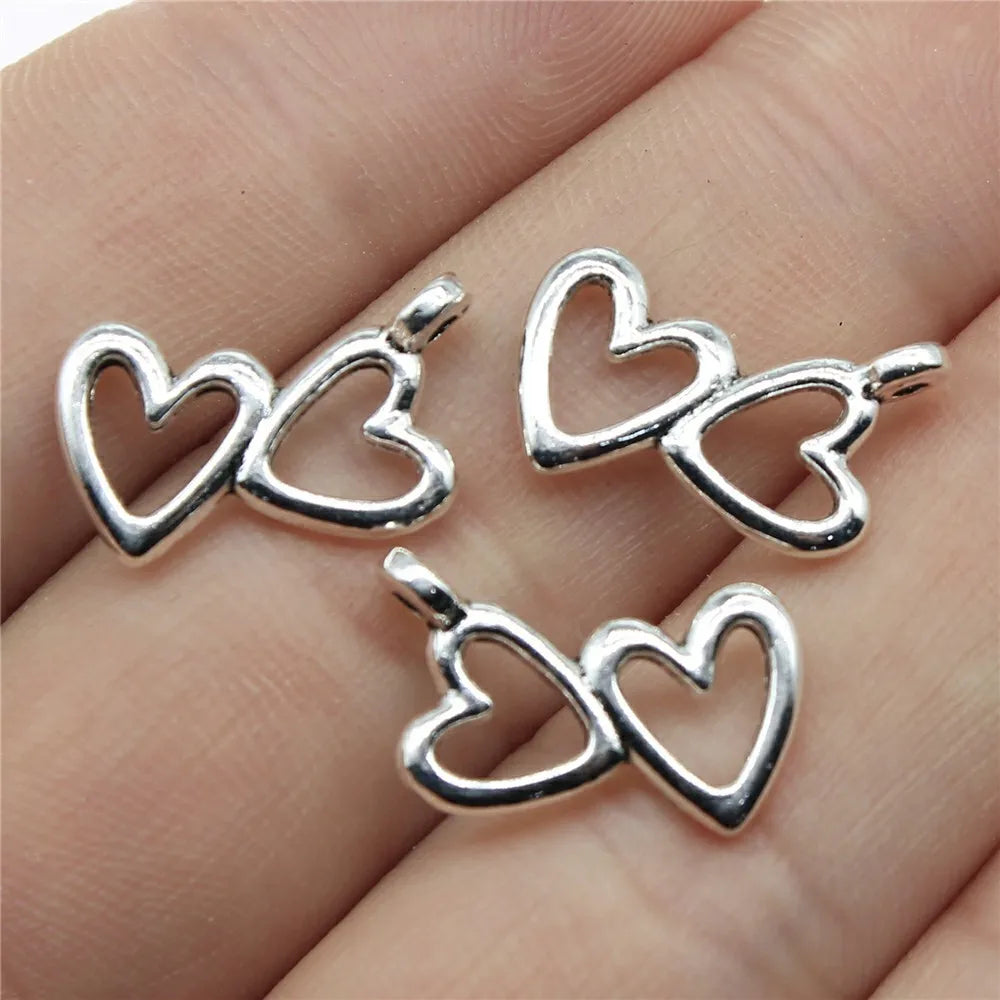 18x16mm 0.8g Antique Silver Zinc Alloy Double Heart Charm Pendant for DIY Necklace Bracelet Making