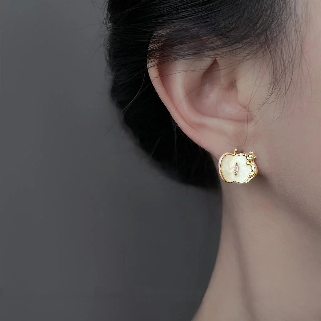 Designer Apple Cat Enamel Copper Zircon Stud Earrings Silver Plated Luxury Women's Jewelry
