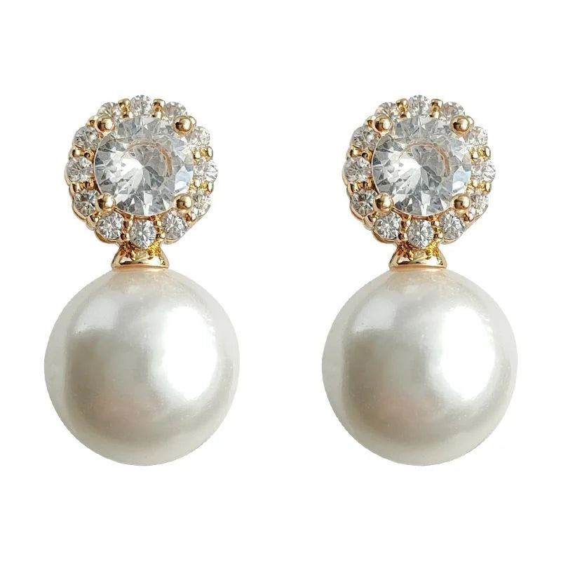 Light Luxury Copper Glass Pearl Micro Pave Zircon Geometric Round Drop Earrings For Women