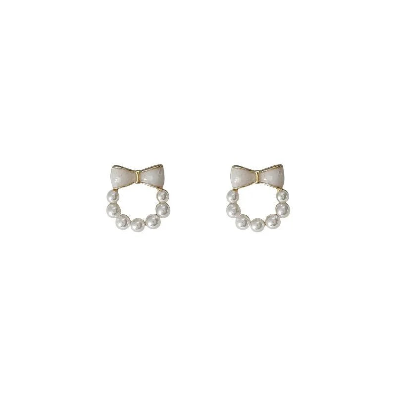 Cute 14K Plated Copper Enamel Bow Pearl Stud Earrings