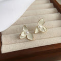 French Vintage Cream White Iris Flower Pearl Copper Stud Earrings With Leaf Design