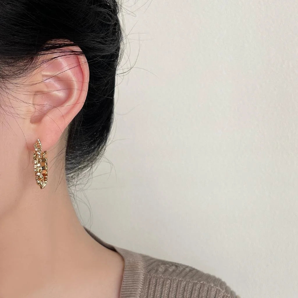 14K Gold Plated Copper Rhinestone Round Geometric Drop Earrings Light Luxury Fashion Jewelry