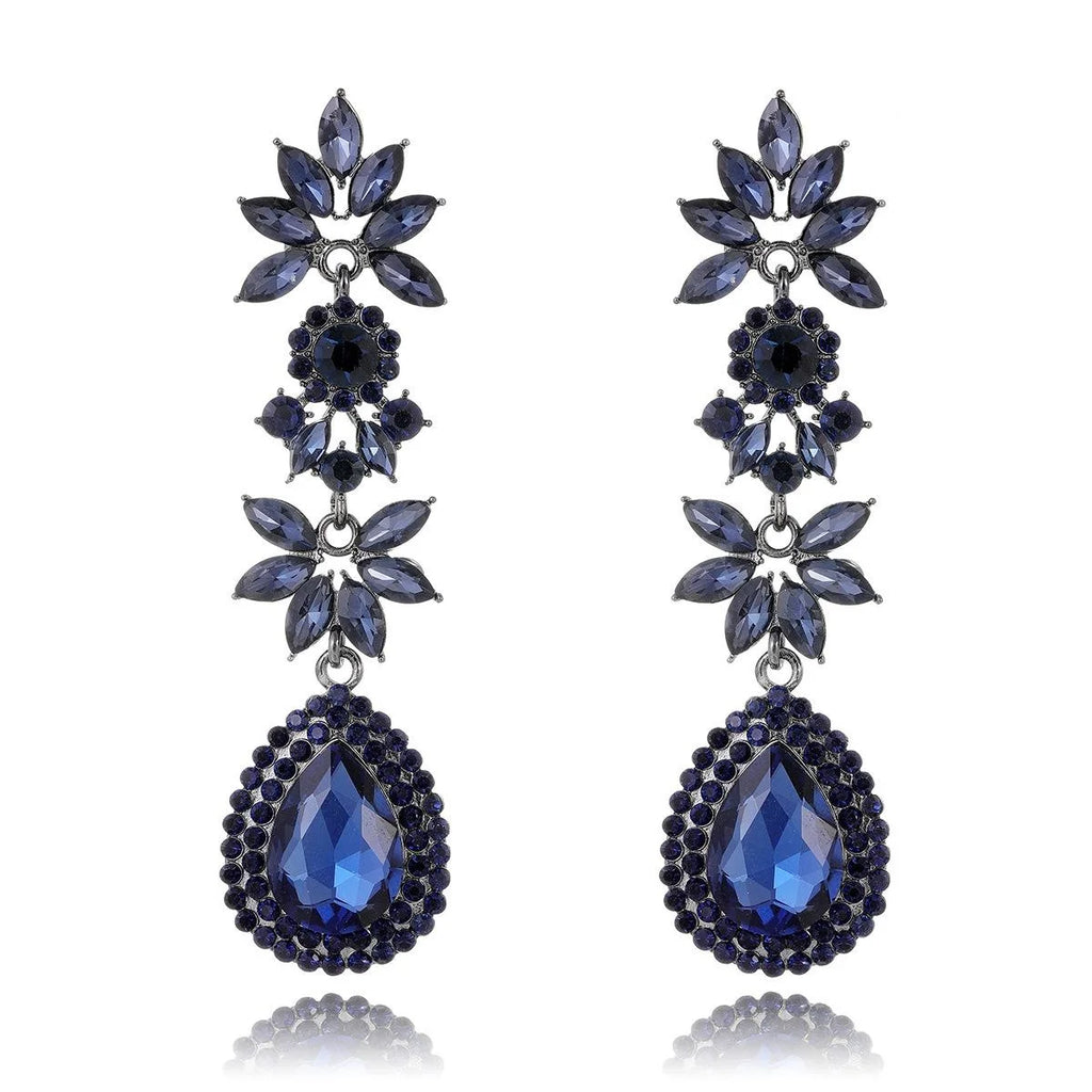 Luxury Blue Crystal Rhinestone Teardrop Flower Dangle Earrings, Alloy Statement Jewelry For Wedding Banquet